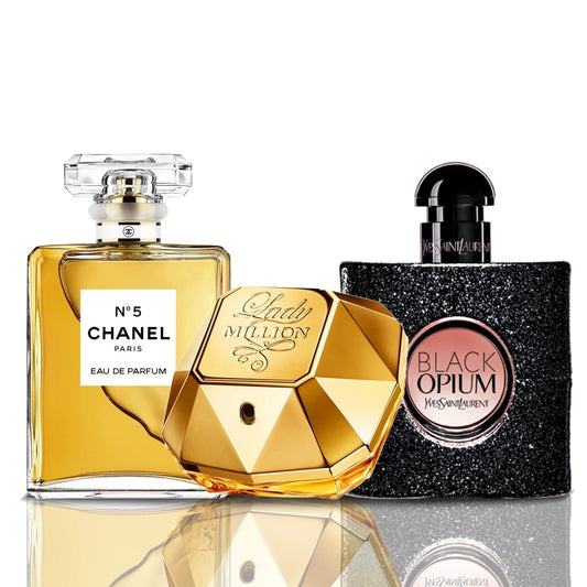 Conjunto de 3 perfumes | Chanel N°5 + Lady Million + Black Opium